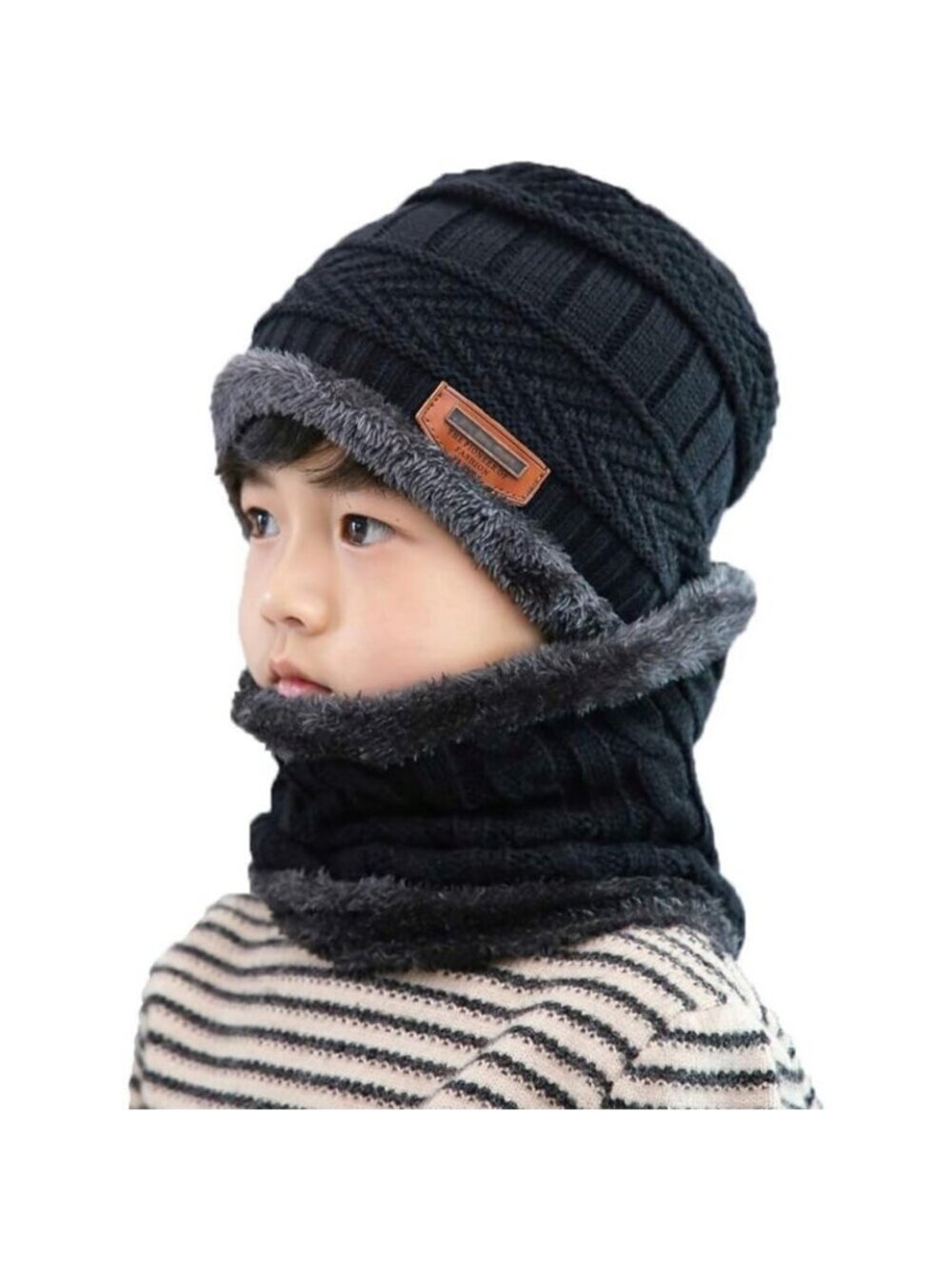 🆕Kids Black Knit Beanie Cap Winter Hat Warm Soft Fleece Lining Thread Scarf Set